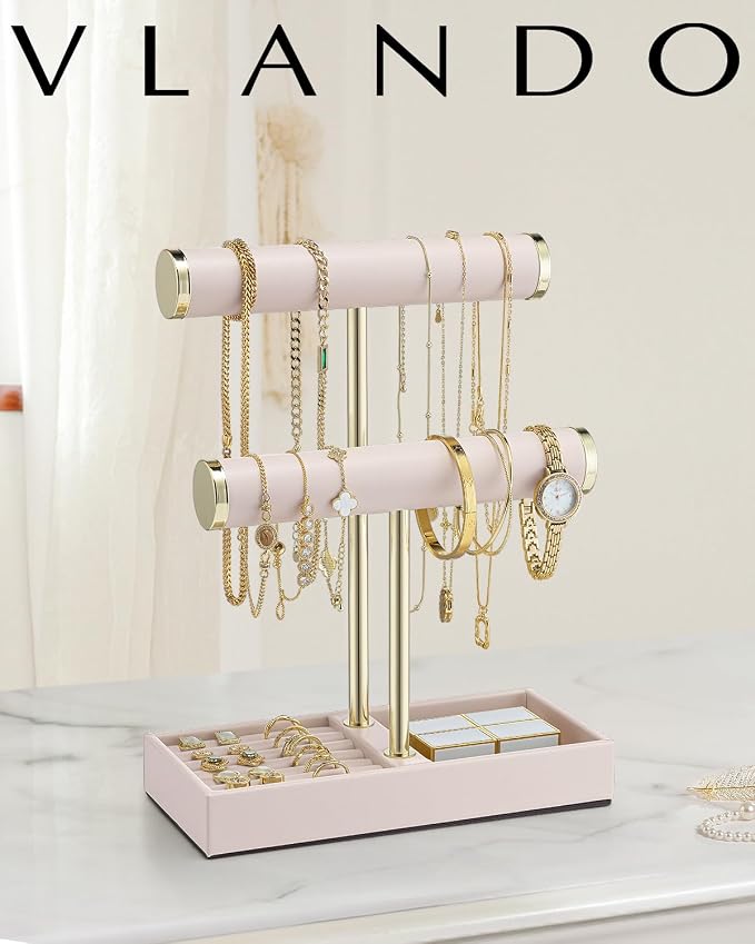 VLANDO 2 Tier Bracelet Holder with Tray - Leather Jewelry Stand Organizer for Women - Valentines Day Gift Her- Jewelry Holder Display for Necklace, Watches, Rings, Earrings, Bangle, Scrunchie - Pink