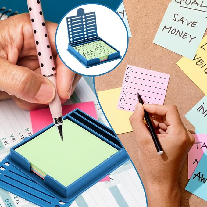 Sticky Note Holder with 5 Different Stencil & 100 Sheet Post It Notes, 3x3 inch Sticky Pads Dispenser with Line Box Drawing Template for Office and Home(COLOR:blue)