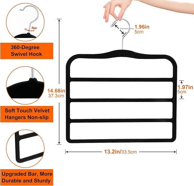4 Pack Space Saving Velvet Pants Hangers, Dorm Room Essentials, Non-Slip Multi-Tier Closet Organizer for Jeans & Slacks, Maximize Wardrobe Storage with Multi-Purpose Rack for Shorts, Scarves & Ties