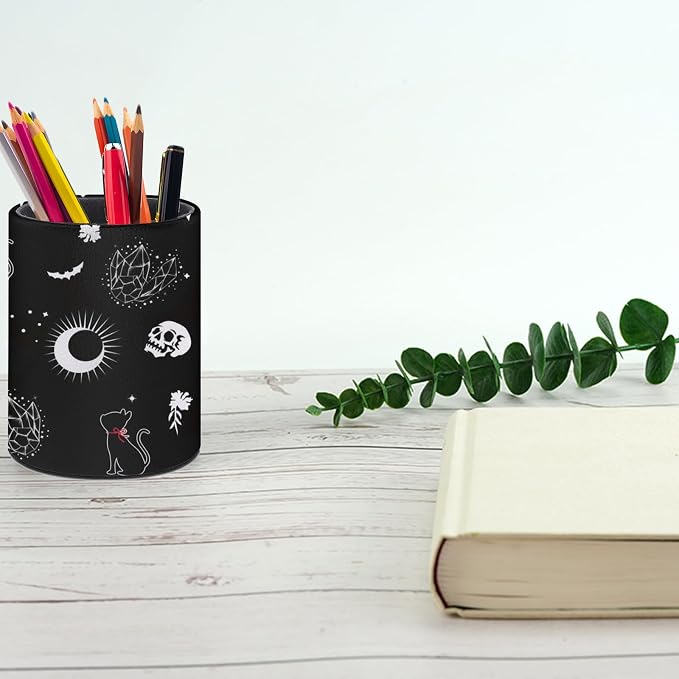 Gothic Skull Cat Moon Pen Holder Pencil Cup for Desk Organizer | Cute Makeup Brush Holder PU Multifunctional Office Suppliesfor Decor Home Classroom School