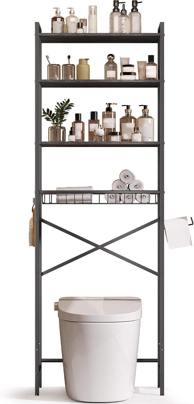 Gizoon Over-The-Toilet Storage Rack with Adjustable Shelf and Basket, 4-Tier Freestanding Space Saver Bathroom Shelves Above Toilet for Room