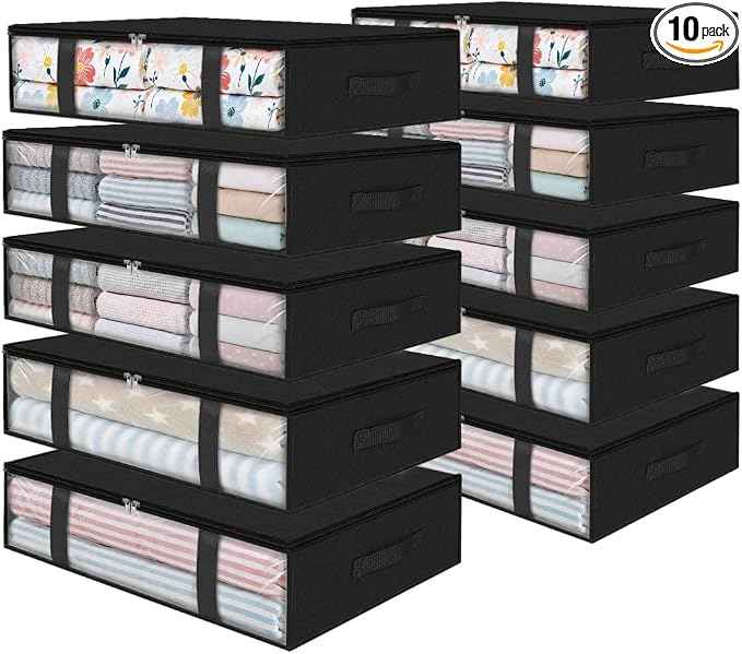 StorageRight Under Bed Storage Bags 10 Pack, 40L Large Clothes & Comforter Storage Containers with Clear Window, Breathable Fabric Organizer for Blankets, Bedding, Seasonal Clothing, Black
