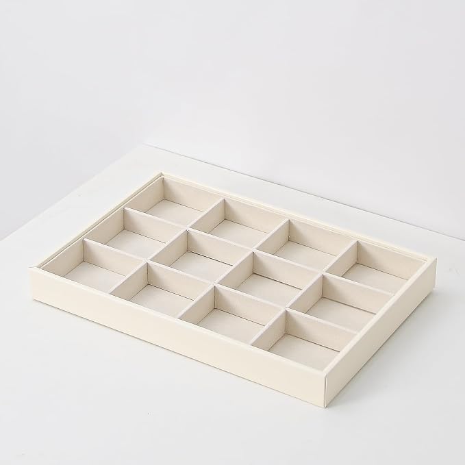 Stackable Jewelry Organizer Tray For Drawers,White Leather Small Earring Storage Tray,Bracelet And Necklace Display Box,Jewelry Ring Display Case (12 Grids)