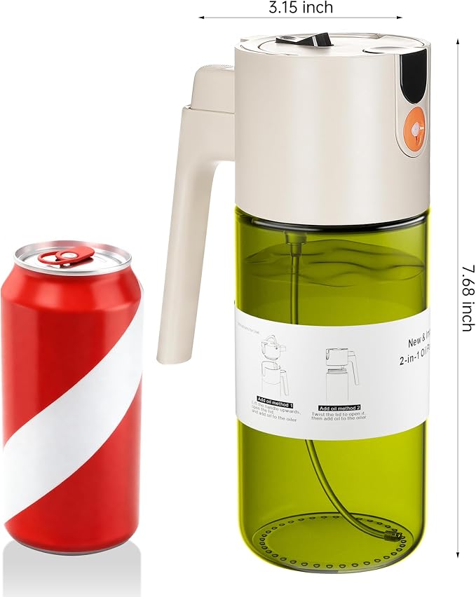 Olive Oil Sprayer & Dispenser Bottle for Cooking 17oz Dark Glass Oil Mister | 2-in-1 Sprayer & Pourer, Leakproof, Fine mist, Light-Blocking, Wide Mouth for Easy Refill & Clean, 8 Oil Labels, Reusable