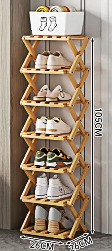 Foldable Shoe Rack, Tier No-Assembly Bamboo Rack, 2026 New Portable Bamboo Corner Shoe Rack, Multifunctional Narrow Shoe Shelf for Entryway, Closet, Corner, Bedroom (7 Layers)