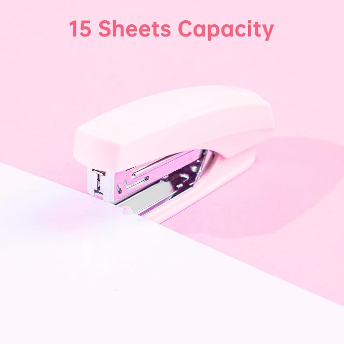 deli Office Supplies Set, Pink Desk Accessory Organizer Kit, Stapler Set, Rotating Multi-Functional Pen Holder, Tape Dispenser, Pens, Binder Clips, Sharpener, Scissor, Eraser, Pink Office Supplies