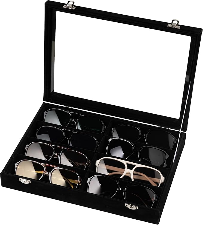 Frebeauty 8-Slot Sunglass Organizer,Velvet Sunglass Holder with Clear Lid | Vanity Glass Holder,Sunglass Case For Multiple Sunglass,Sunglass Tray for Drawer,Sunglass Box for Women,Eyeglass Organizer
