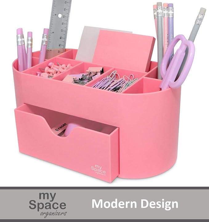My Space Organizers Pink Desk Organizer for Office Supplies and Desk Accessories - Pen Holder Desktop Organization for Room College Dorm Home School (Pink)