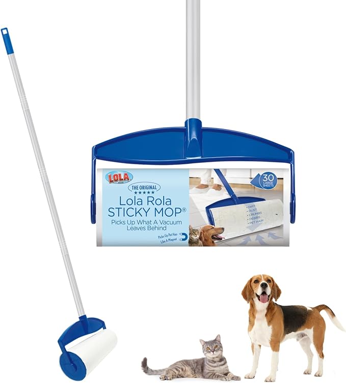 LOLA Rola PET Hair Remover Sticky Mop, Giant Floor Lint Roller, 9.5" x 3.5", Aluminum Handle, Largest Head, Traps Hair, Dust, Dirt, Extra Sticky Sheets