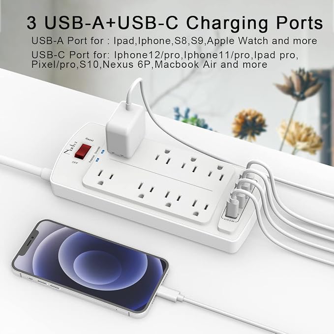Surge Protector Power Strip - Nuetsa Flat Plug Extension Cord with 8 Outlets and 4 USB Ports, 10 Feet Power Cord, 2700 Joules, ETL Listed, White