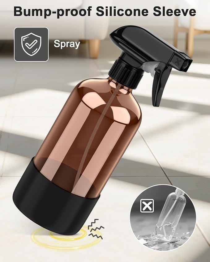 Bontip Amber Glass Spray Bottle with Silicone Sleeve Protection, 16 oz Refillable Spray Bottles for Cleaning Solutions, Plants, Aromatherapy, Facial Hydration (3, Black, 16 oz)