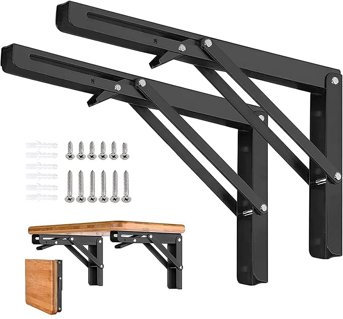 Folding Shelf Brackets 22 inch 4 Pcs - DIY Wall Mounted Shelf Bracket for Garage Workstation, Stuff Supports, Plant Stand - Heavy Duty Collapsible Shelf Bracket Black