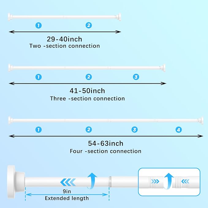AIZESI Tension Shower Rod 29-63 Inch, 1 Inch Diameter White Tension Curtain Rod Adjustable Curtain Rod Non-Drilling, Anti-Slip Tension Rod, Anti-Rust Shower Curtain Rod