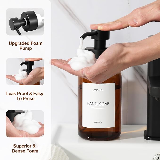 Amber Foam Soap Dispenser, 14.1 oz/400ml Foaming Hand Soap Dispenser, 2 Pack Glass Foaming Dispenser for Bathroom & Kitchen, Refillable Liquid Dispenser Bottle with Waterproof Labels