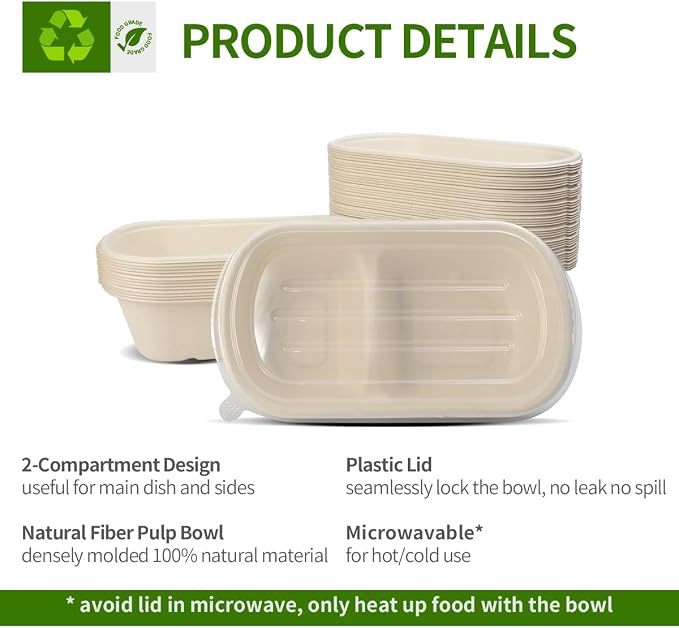 50 Pack Large 2 Compartment Paper Bowls with Lids, Divider Food Containers Disposable for Main Dish with Sides, Chip Dips (50 Bowls 50 Lids)