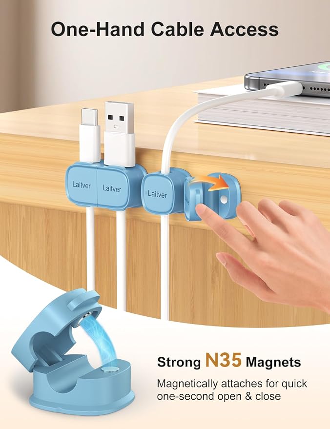 6 Pack Magnetic Cable Clips [1s Open/Lock], Cord Organizer Holder | Strong Adhesive Desk Cable Management- Organize Charging Cords Neatly for Home, Office, Car,Desk, Nightstand-Peak Blue