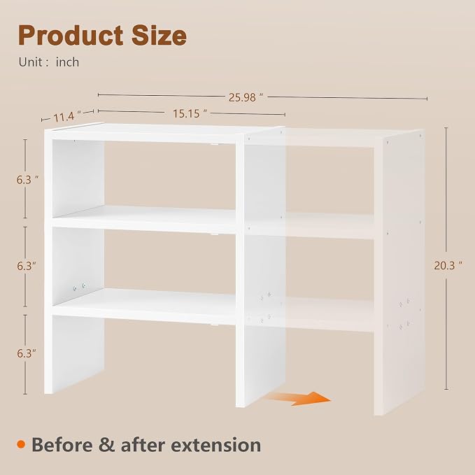 Hoctieon 3-Tier Expandable Shoe Shelf, Adjustable Shoe Shelf Storage Organizer, Stackable Iron Wood Combination Free Standing Shoe Rack for Entryway, Closet, Doorway, White