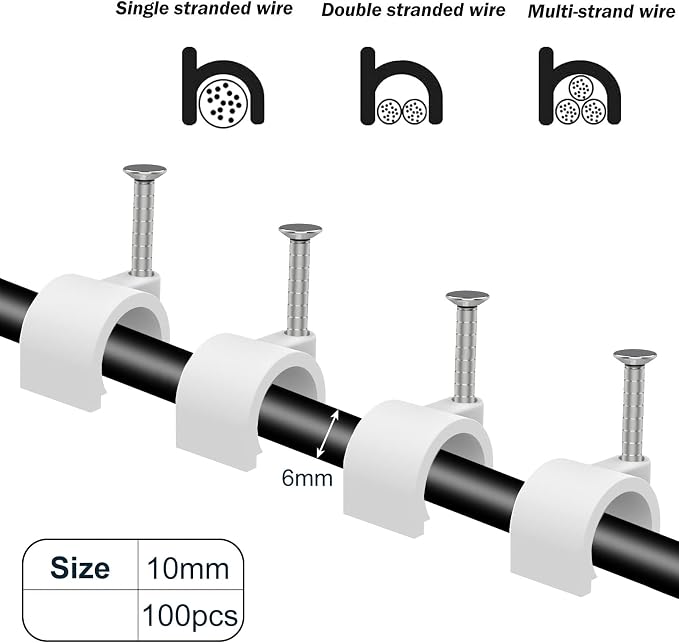 Nail in Cable Clips - 500 Pcs, 10mm, Coax & Speaker Wire Clips, Ethernet & RG6/59 Clamps