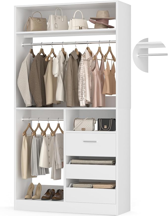 36 Inches Modular Closet Drawers System with Long Hanging Rods, 3FT Wood Closet Organiser with 3 Drawers, Walk-in Freestanding Wardrobe Storage Cabinet with 4 Shelves, White (36"L x 15" W x 80" H)