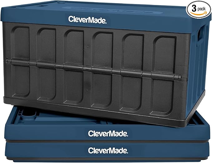CleverMade Collapsible Storage Bins with Lids (62L, 3 Pack) – Heavy Duty Foldable Plastic Storage Crates for Garage, Closet & Trunk Organization - Ocean