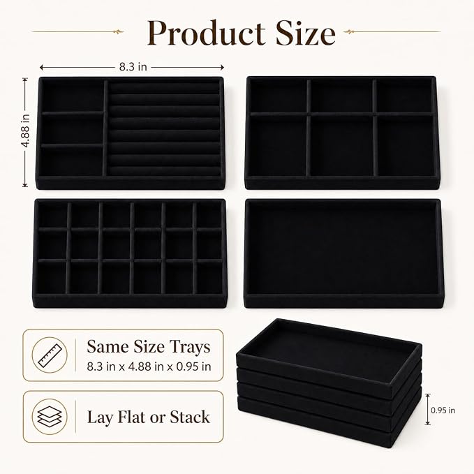 4 Pack Stackable Jewelry Organizer Tray Set - Velvet Display Case | for Rings Earrings Necklaces, for Drawer Organization, Can Stacked