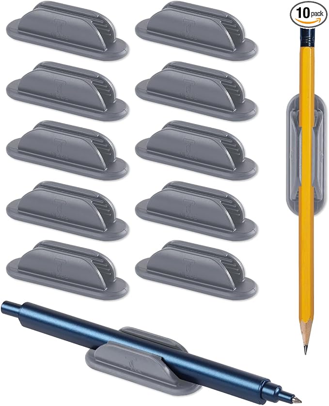 Tiizze Adhesive Pencil Holders for Desk Set of 10 - Silicone Pen Holder with 15 PCS Adhesive Pads - Flexible Pencil Holder for Office Essentials Accessories and Teacher Supplies - Grey