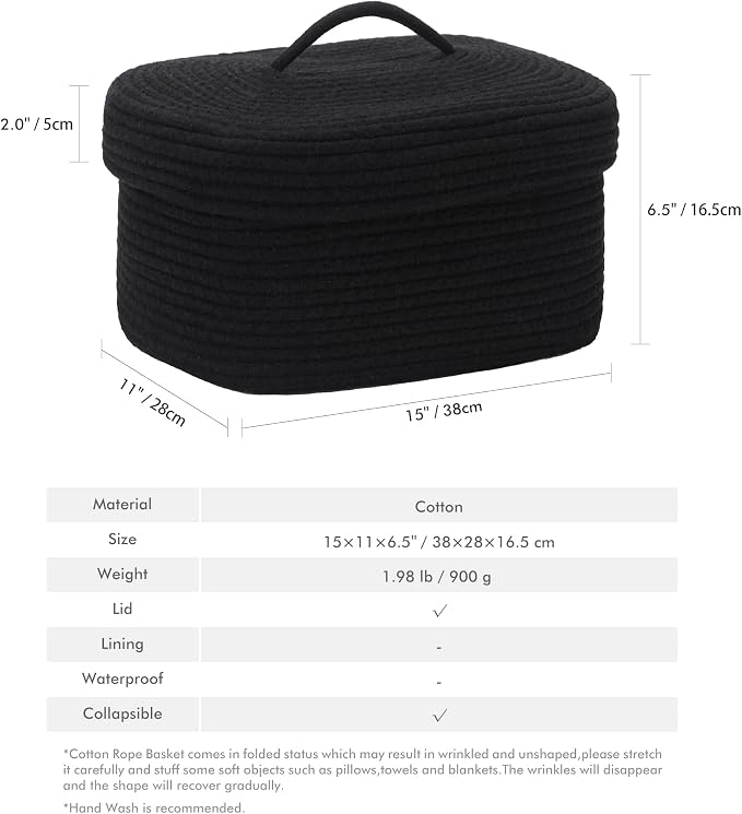 Sea Team Oval Cotton Rope Storage Basket with Lid, Lidded Woven Storage Bin, Nursery Storage Container, Diaper Caddy, Baby Shower Basket, Box, Organizer, 15 x 11 x 6.5 Inches (Medium, Black)
