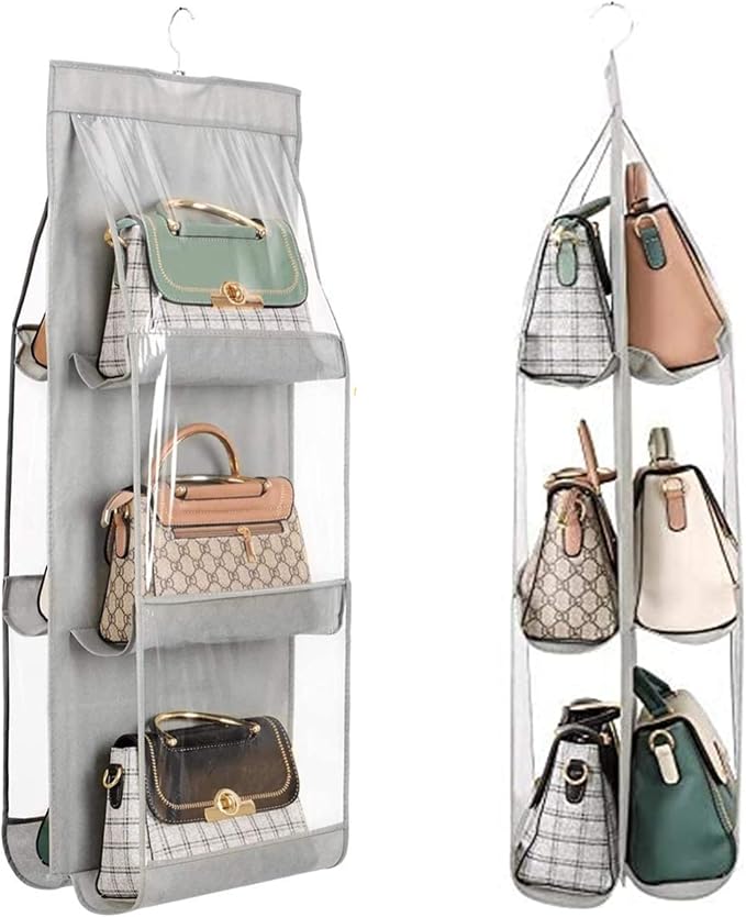 HAN SHENG 6 Pockets Clear Handbag & Purse Organizer Hanging Bag Storage - Space Saving Hanging Shelf for Closet, Wardrobe, Over Door (2 Pack, Grey)