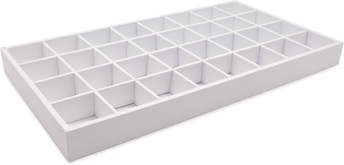 The Display Guys - Stackable Jewelry Tray and Organizer - for Drawers, Dressers, Store Display (32 Compartments, White Leatherette)