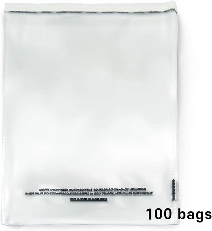 The Elixir Packaging 00 Count 11 x 14 Clear Poly Bag with Suffocation Warning Reclesable Transparent Plastic Tote Backpack Mailer Bag, Food Grade Material, 1.5 Mil Thickness