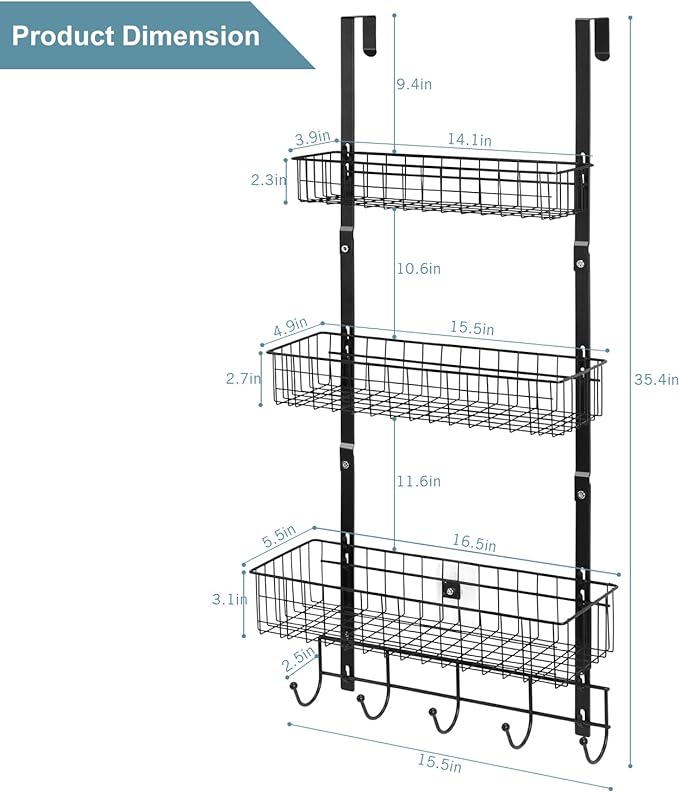ETELI Over the Door Pantry Organizer 3 Tier Hanging Basket Back Door Storage Rack Shelf Metal Over the Door Shelves with 3 Baskets and 5 Hooks for Bathroom Kitchen Pantry Bedroom, Black