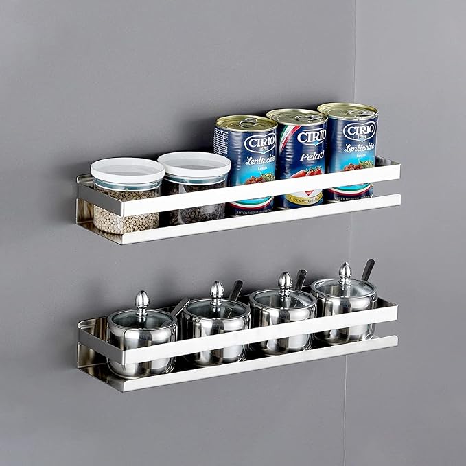CONRUSER Wall Mounted Spice Rack, Stainless Steel Kitchen Organizer Shelves Hanging Storage Shelf Brushed Steel Seasoning Rack (50CM)
