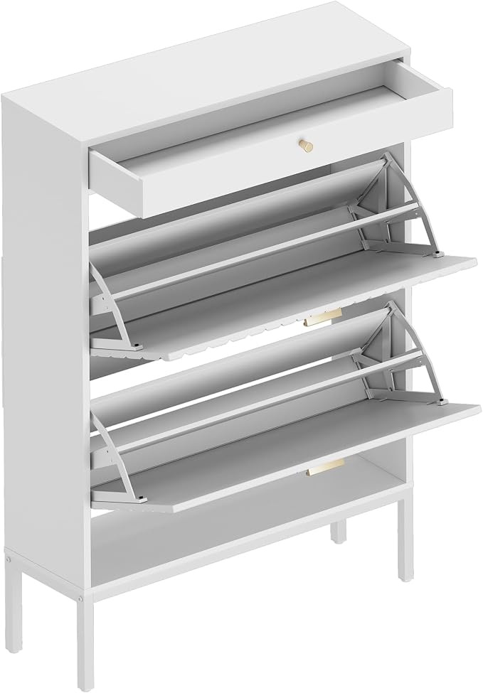 XIAO WEI Shoe Cabinet, Shoe Storage Organizer Cabinet with 2 Flip Half Moon Line Doors, Freestanding Shoe Rack with Adjustable Shelf for Entryway（White