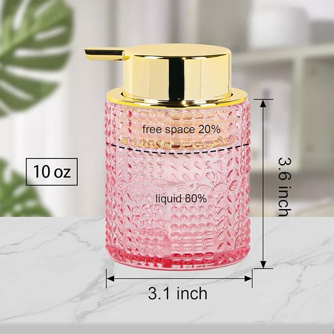 2pcs Glass Foaming Soap Dispenser, Pink Bathroom Foam Hand Soap Dispenser with Gold Pump, Refillable 10 Oz Lotion Shampoo Pump Dish Bottle Container for Bathroom Kitchen Decor