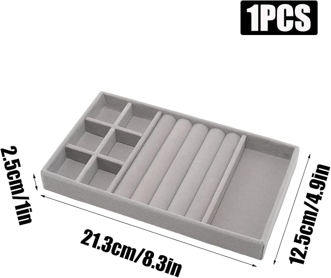 Velvet Jewelry Organizer Trays Gray Stackable Jewelry Storage Display Tray with Removable Dividers, 3-in-1