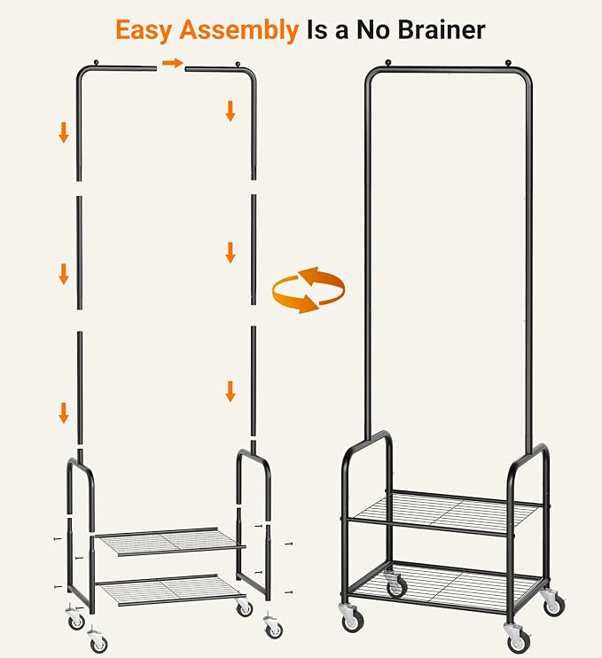 AOODA Small Clothes Rack with Shelves, Metal Sturdy Rolling Clothing Racks for Hanging Clothes, Portable Garment Rack with Wheels for Shirts, Coats, Shoes, Bags (Black)