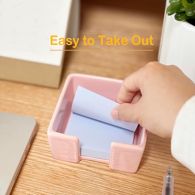 Ceramic Sticky Note Holder, 3 x 3 Sticky Note Dispenser, Pink | Notepad Holder for Desk, Office Essentials Organizer, Desk Organizers and Accessories