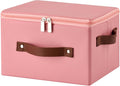 Storage Bin Box with Zippered Lid Decorative PU Leather Basket | Foldable Washable Stackable Clothing Container, Lidded Shelf Closet Organizer, with Handles & PP Plastic Boards, Pink-Small