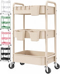 3 Tier Beige Rolling Storage Cart Metal on Wheels, Cream Three Tiered Diaper Caddy with Wheels,Utility Organizer Trolley for Nursery,Postpartum,Art,Craft,Khaki Roller Bedside Carts for Baby Essentials