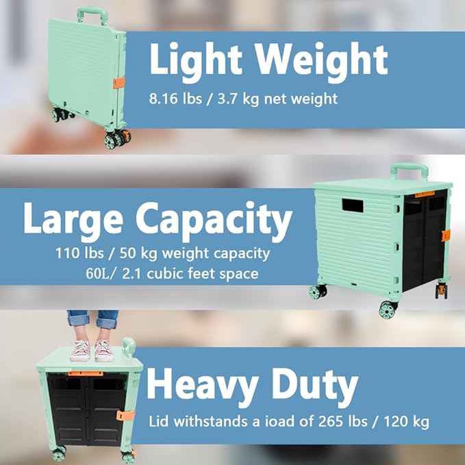 FELICON SELORSS Foldable Utility Cart Folding Portable Rolling Crate Handcart with Durable Heavy Duty Plastic Telescoping Handle Collapsible 4 Rotate Wheels for Travel Shop Move Luggage Office(Green