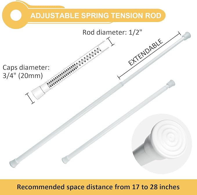 KXLife Tension Curtain Rod Adjustable 17-28", Small Spring Rod, 6Pcs | White, No Drilling, Expandable Spring Loaded, Suitable for Window, Kitchen, RV, Camper, Refrigerator