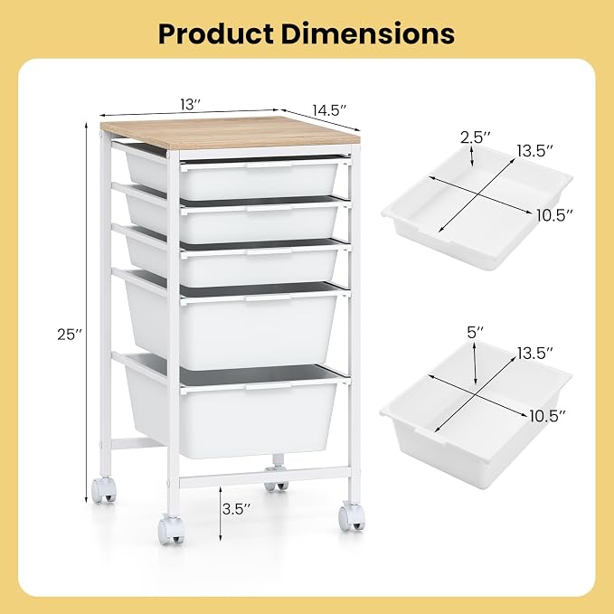 LDAILY Rolling Cart with Drawers, 5 Drawer Rolling Storage Cart with Wooden Tabletop, Metal Frame & Lockable Wheels, Craft Organizers and Storage for Home Office Classroom (White, 5 Drawer)