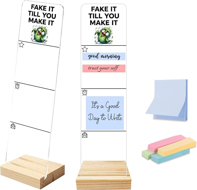Monitor Memo Board, Sticky Note Holder, Sticky Note Board for Desk, Acrylic Desk Buddy with Wooden Base, Includes 200 Notes, Funny Fake It Till You Make It Green Bird Art for Office Desktop Decor