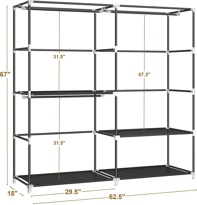 MOGELAFOO 62.5” Portable Closet, Freestanding Wardrobe Clothes Rack with Fabric Cover, 3 Hanging Rods and 4 Storage Shelves for Bedroom, Black