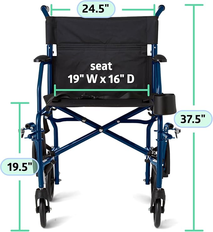 Medline Ultra Lightweight Transport Wheelchair for Adults and Elderly, Foldable, 19-Inch Seat Width, Blue Frame, Black Upholstery, 300 lb Capacity