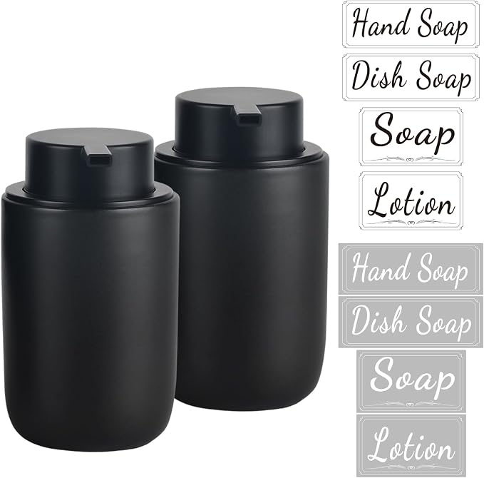 BosilunLife Foaming Soap Dispenser Set - Black Ceramic Foam Hand Dispenser 12oz Soap Dispenser Set with Rust Proof Pump, 4Pcs Clear Stickers for Kitchen, Bathroom - 2 Pack