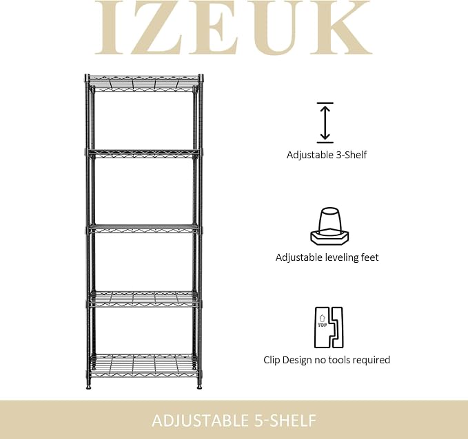 Wire Shelving Unit, 24” Metal Pantry Shelf, Adjustable Black Storage Rack | 23.6"W x 13.7"D x 53.4"H, 1000 lbs Capacity, 5-Tier Wire Storage Shelf Rack for Kitchen, Garage & Laundry Storage