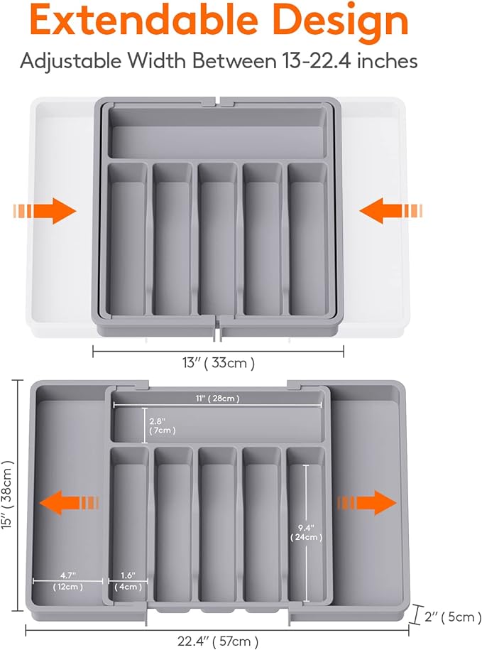 Lifewit Extra Large Silverware Drawer Organizer, Expandable Utensil Tray for Kitchen, BPA Free Flatware and Cutlery Holder, Adjustable Plastic Storage for Spoons Forks Knives, 13-22 x 15, Gray