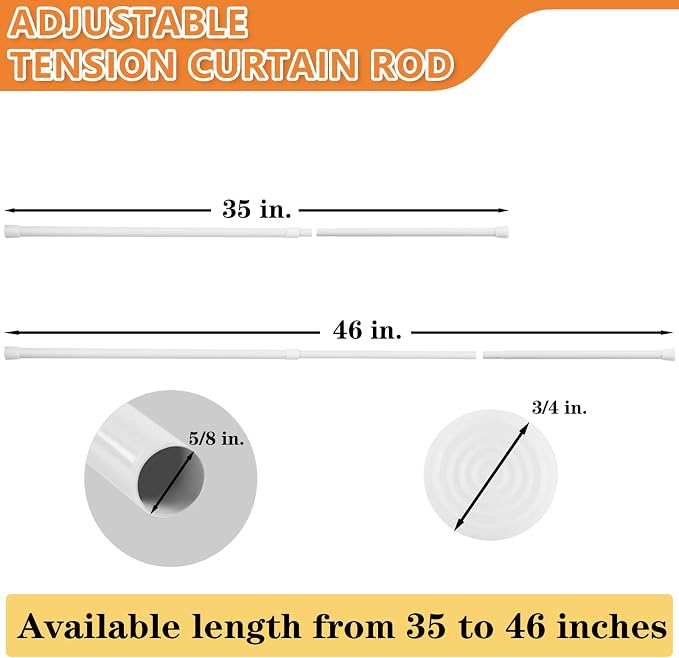 KXLife 2 Pcs Tension Curtain Rod 35 to 46 Inches, 5/8" Diameter Spring Curtain Rods, White, Adjustable Expandable Pressure Window Tension Rod No Drill