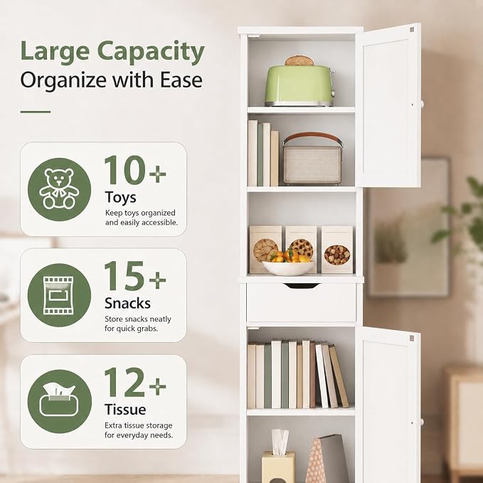 Walsunny Tall Bathroom Storage Cabinet with Freestanding Adjustable Shelves, Narrow Storage Linen Cabinet with 2 Doors and 1 Drawer for Bathroom, Living Room, Kitchen(White)